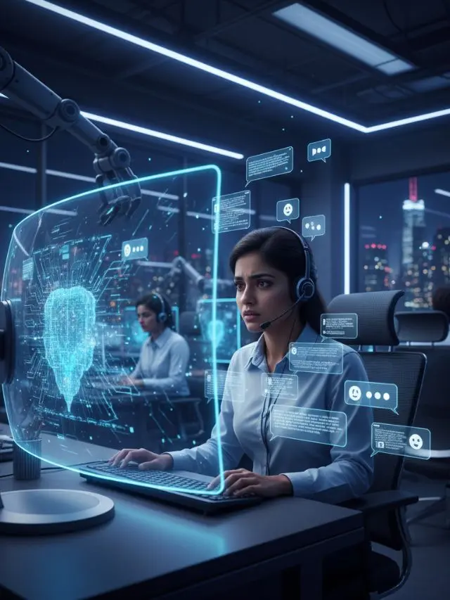 AI Chatbots ka Future Scene – worried Indian Call Center Employee aur glowing Chatbot Screen