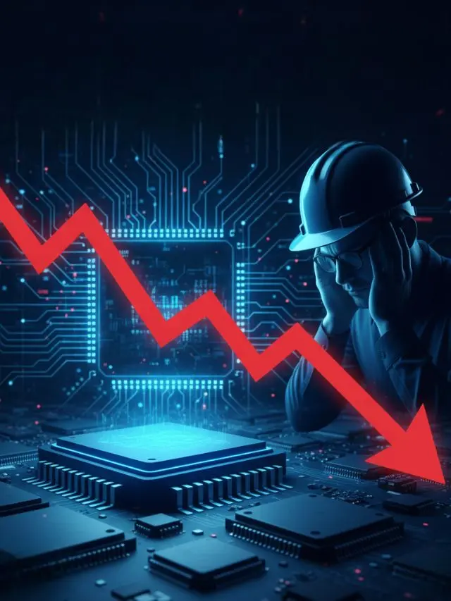 “India में Semiconductor Jobs 15% गिरावट दिखाता news-style poster जिसमें chip design और downward graph शामिल है