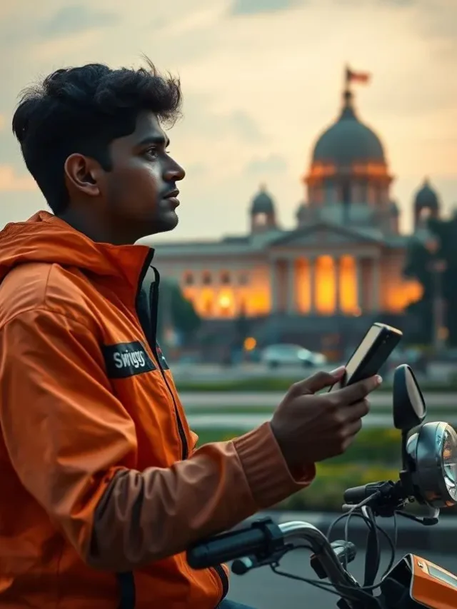 Indian Gig Worker अपने फोन पर Social Security News पढ़ते हुए — पीछे Parliament Building की रोशनी, जो दिखाती है सरकार के वादे और Gig Workers के सुरक्षित भविष्य की उम्मीद।